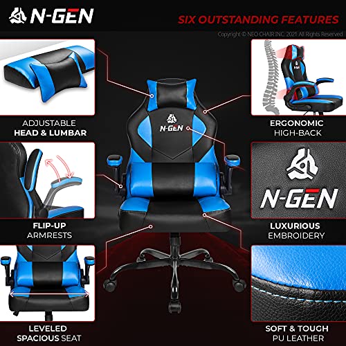 N-Gen Gaming Chair Ergonomic Office Chair Pc Desk Chair With Lumbar Support Flip Up Arms Levelled Seat Style Headrest Pu Leather Executive High Back Computer Chair For Adults Women Men (4. Blue) #TOP1