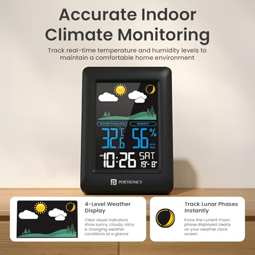 Image of Portronics Meteo Type-C Powered Digital Weather Station Clock with Temperature & Humidity Monitor, Max /Min Records, LED Display, Alarm & Snooze, 12 /24H Format, C /F Switch, Wall /Table Mount