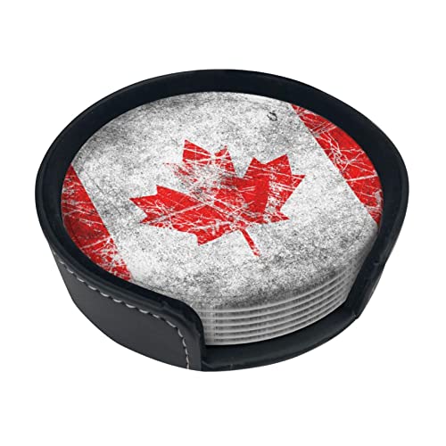 Dessous de Verre Drapeau du Canada pour Boissons, sous-Verre pour Table Basse, avec boîte de Rangement sous-Verres Ronds en Cuir Lot de 6