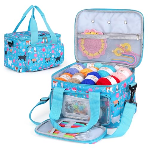 Coopay Knitting Bags for Wool Storage Crochet Bags with Compartments Portable Crochet Bag with Shoulder Strap Knitting Bags and Knitting Organizers Yarn Storage Bag Blue Cat