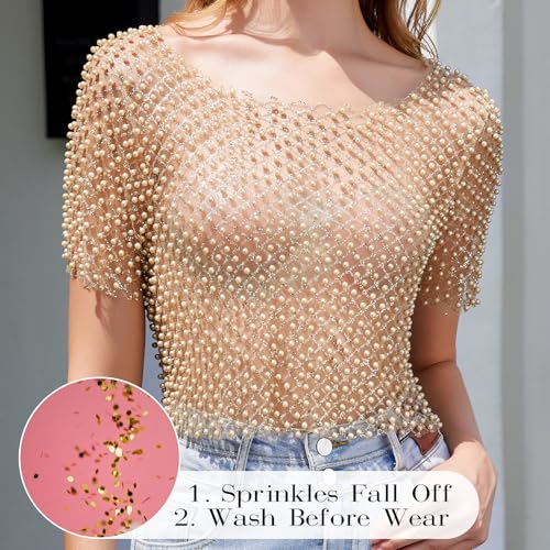 Women's Pearl Mesh Sheer Crop Top Sparkly Short Sleeve Glitter See Through Sexy Tee Shirt for Casual Party Club2