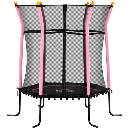 HOMCOM Cama Elástica Infantil de Jardín Ø163,5x163,5 cm Trampolín para Niños de +3 Años con Red de Seguridad y Marco de Acero para Interior Exterior Carga 50 kg Negro y Rosa