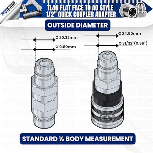 Image of 1 /2 inch Flat Face to Ag Style Hydraulic Quick Coupler Adapter Set | Install Flat Face Connector on Skid Steer | 5076 PSI | Zinc Plated | ISO 16028 to ISO 5675 | with Dust Caps | Model TL46