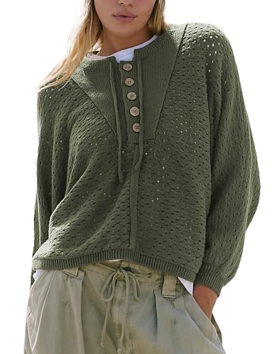 Image of Women Oversized Knit Sweatshirt Hollow Long Sleeve Button Drawstring V Neck Pullover Sweaters (Green-S)
