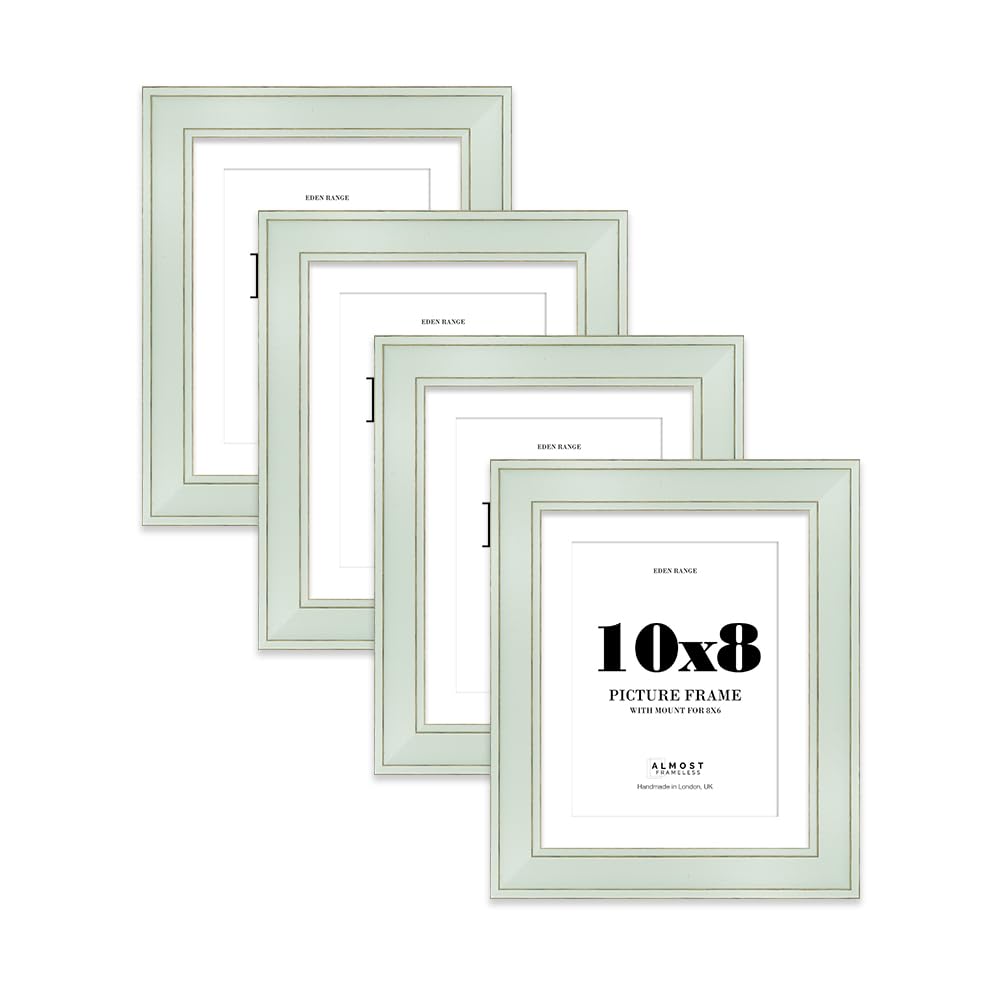 10x8" Sage Green Picture Frame with 8x6" Mount - Shabby Chic Photo Frame with Distressed Finish, Gold Trim, Wall Hooks and Kickstand, 37mm Edge - 4 Pack