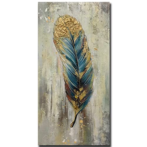 Boieesen Art,24x48Inch Handmade Acrylic Paintings on Canvas Abstract Feather Wall Art Metallic Gold Retro Style Artwork Wrapped Canvas Paintings for Living Room Bedroom Wall Décor