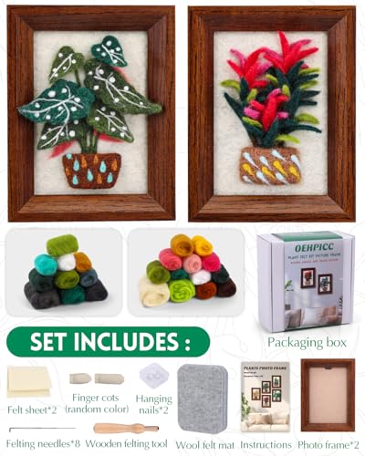 Image of OEHPICC Needle Felting Kit for Beginners with Frame, 2 Pcs Potted Plants Needle Felt Painting Kit, with Felting Needles, Felting Pad, Fabric & Guide for Home Decor & DIY Art