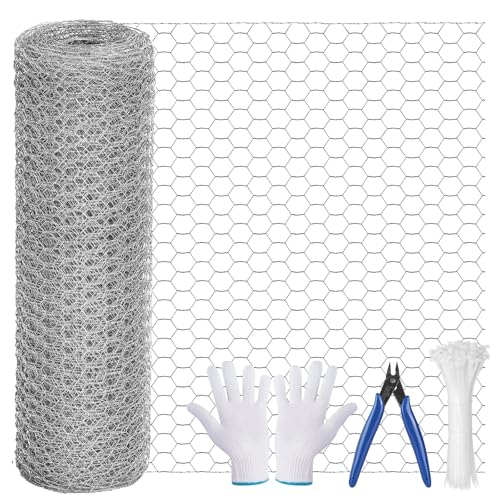 UDIANIS 40cm*10m Chicken Wire Mesh Roll, Galvanized Hexagonal Fencing Wire Mesh with Cutting Plier, Gloves and 100Pcs Cable Ties, Chicken Wire Mesh Roll for Pet Rabbit Chicken Fencing