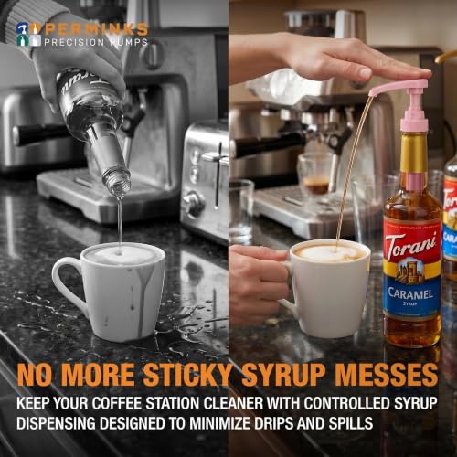 Image of Syrup Pump, Compatible with 750ml Torani, Davinci & Skinny, 2-Pack, Pink | Leak-free, 1 /4oz precision pump with locking nozzle. Great for coffee bar accessories, dirty soda stations & dessert sauces