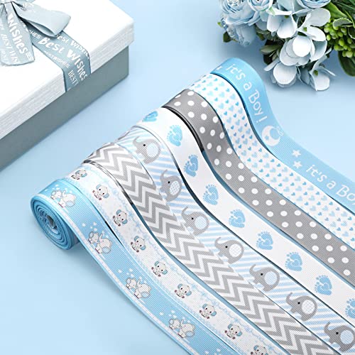 8 Roll Baby Elephant Grosgrain Ribbon 7/8 Inch Baby Shower Craft Ribbon It's A Boy/Girl Foot Print Ribbon For Gift Wrapping Baby Shower Gender Reveal Party Diaper Cake Decor, 40 Yard Total (Blue) #TOP3