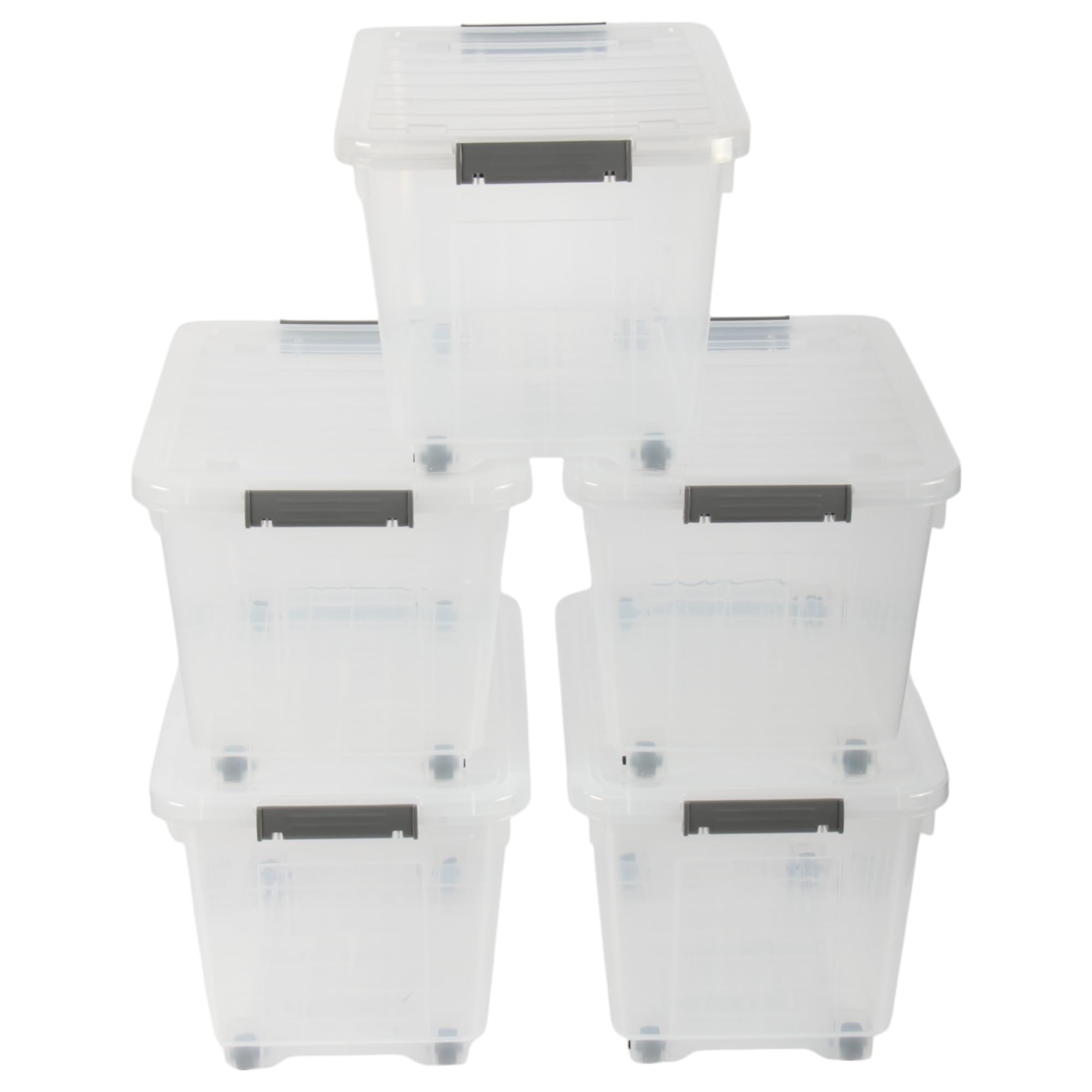 Jolie Max 16L Storage Boxes with Wheels, Durable Plastic Storage Containers with Lids, Stackable & Nestable Design with Side Latching Buckles, Transparent β 38.5 x 28 x 26 cm (5)