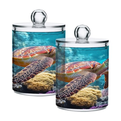 FRCSDIY Sea Turtle 2 Pack Qtip Holder Dispenser with Lid, Apothecary Jars Plastic Cotton Swabs Cans Clear Bathroom Storage Canister