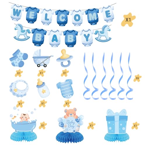 Image of Baby Shower Decorations for Boy- Baby Shower Banner Blue Paper Welcome Baby Banner Welcome Baby Sign
