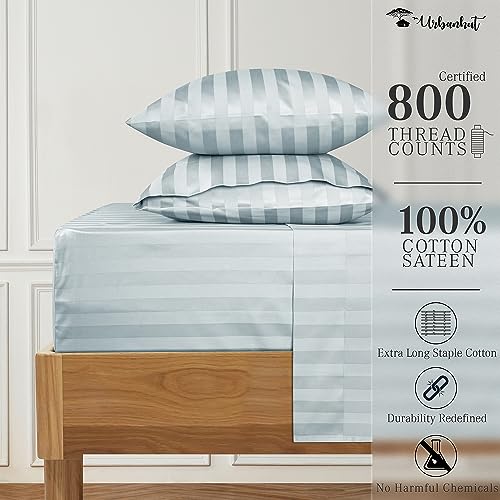 URBANHUT 800 Thread Count Egyptian Cotton Damask Striped Queen Size Sheets Set (4 Pc) - Ultra Soft & Smooth, Sateen Weave Queen Size Sheets, Luxury Hotel Sheets with 16" Deep Pocket - Light Blue