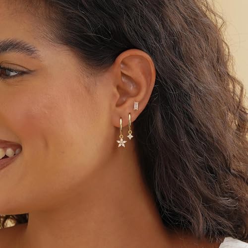 Image of Gold Plated Earrings for Women, 14k Gold Plated Earring Stack Hypoallergenic Pearl Drop Earring Dainty Earrings for Women Trendy Cute Small Huggie Hoop Earring Fashion Womens Jewelry