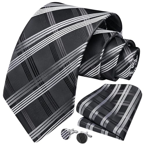 Image of HISDERN Ties for Men Stripe Plaid Tie Classic Necktie Pocket Square Cufflinks Set for Formal Wedding Business Party