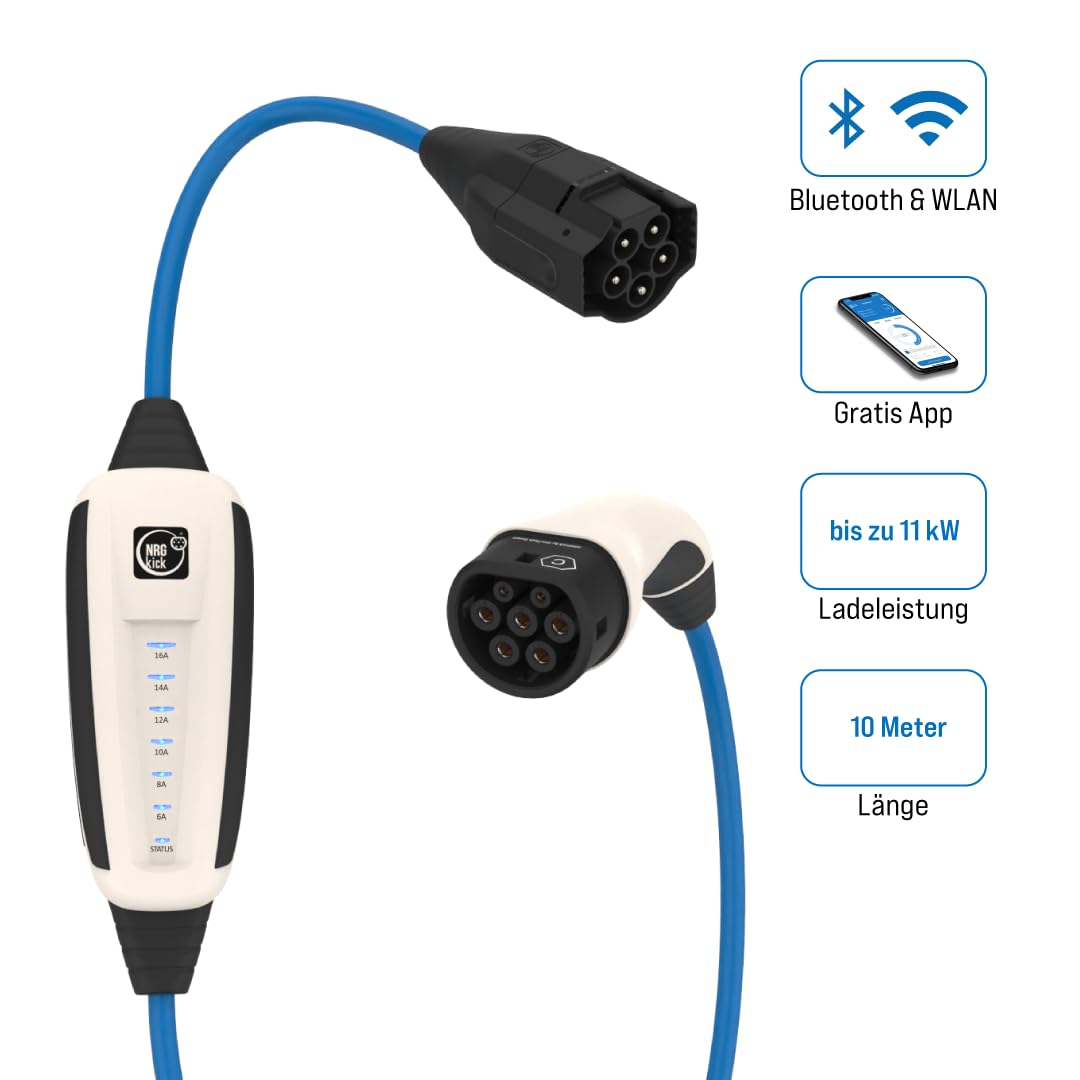 NRGkick 16A 10 m – Cargador portátil para Coche eléctrico con Cable de Carga AC, hasta 11 kW, Resistente al Agua IP66, Carga Segura y rápida
