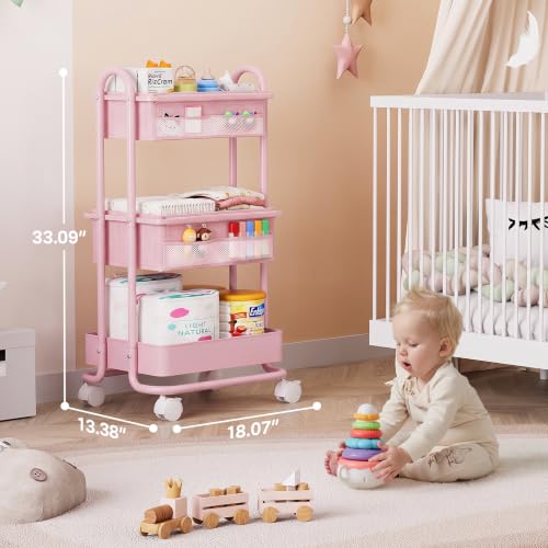 Image of Modanais Baby Diaper Caddy Organizer Cart - 3 Tier Rolling Storage Cart with Wheels, Baby Essentials for Nursery Storage, Detachable Dividers - for Crib, Bedroom, Art & Craft Organizer (Pink)