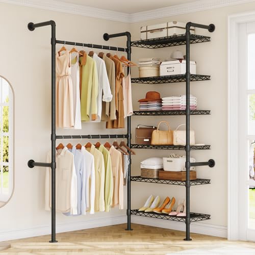 L2 Wall Mounted Closet System, Industrial Pipe Clothing Rack Clothes...