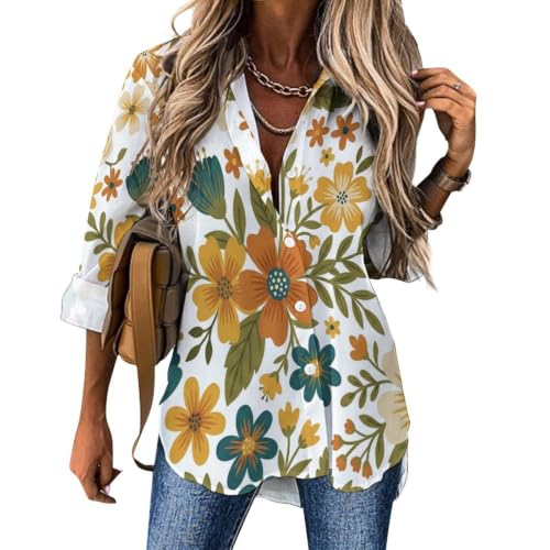 Image of MULERN Plants Flowers Shirts Womens Classic Long Sleeve Shirt Orange-Green