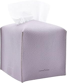 Carrot's Den Tissue Box Cover Holder with Bottom/PU Leather Decorative Organizer for Bathroom, Car, Office/Modern Home Decor (Lavender, Square)