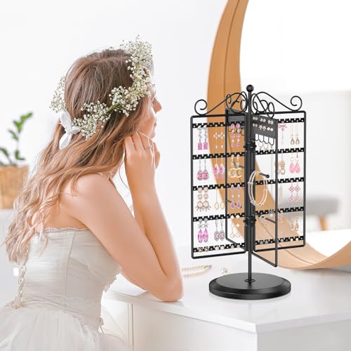 Image of MODOWEY Rotating Jewelry Holder Organizer Stand, 250 Hole and Groove Stud Dangle Earring Display Metal Rack, 10 Hook Necklace Tree for Bracelet Ring Storage, Compact Multi-Use Tower for Women, Black