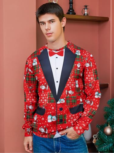 Mens Ugly Christmas Sweatshirt Fake Two Pieces 3D Printed Funny Sweater Shirts Pullover for Xmas Holiday Party3