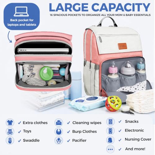 Image of PILLANI Baby Diaper Bag Backpack - Toddler Backpack - Baby Bag for Girls & Boys, Large Waterproof Diaper Backpack - Diaper Bags with Changing Pad, Best Baby Shower Gifts - Stylish Pink Cute Diaper Bag