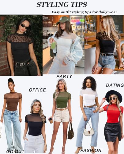 Image of Avidlove Women's Short Sleeve Bodysuit Turtle Neck Body Suits Mesh One Piece Leotard Going Out Tops Date Outfits