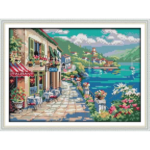 Image of JOYSEWING Seaside Pre-Printed Cross Stitch Kit for Adult 11CT Stamped Kits Embroidery Kits for Beginners DIY Prestamped kit Pattern Canvas Home Decor (Seaside Cafe (11CT) 14.96 x10.63 inch)