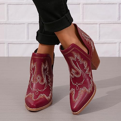 Image of SelRoys Cowboy Boots for Women Cowgirl Ankle Western Embroidered Stitched Pointed Toe Cutout Chunky Heels Short Booties Red Brown Black US5-11