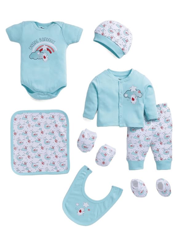 MOON KIDS Newborn Baby Cotton Clothing Gift Set with Romper, Onesie, Top, Pant, Cap, Mittens & Bib (7-piece set) - Powder Blue|-picture-11
