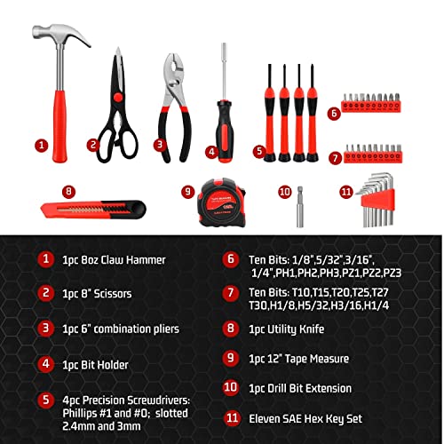 Flexzion 39 Piece Hand Tool Kits with Case - Compact Tool Kit for Handyman, Homeowners DIY - Household Tool Kit for Home with Portable Basic Tool Set Case, Red - Image 3