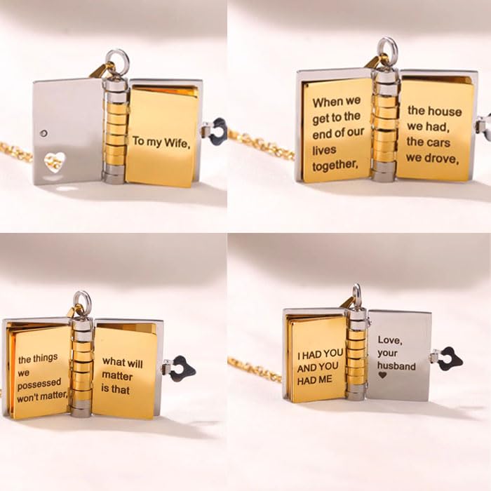 For Wife-Own a Book Necklace, I Love You Books Necklaces,To My Love Book Necklace for Wife,with 7 Pages of Engraved Information, Gift To My Soulmate Engraved Necklace (Silver)2