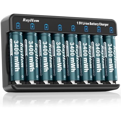 RayHom Rechargeable AA Lithium Batteries with Charger, 8Pack Li-ion Double a Batteries, 1.5V 3400mWh High Capacity, Cycle Times Over 1000+ Cover