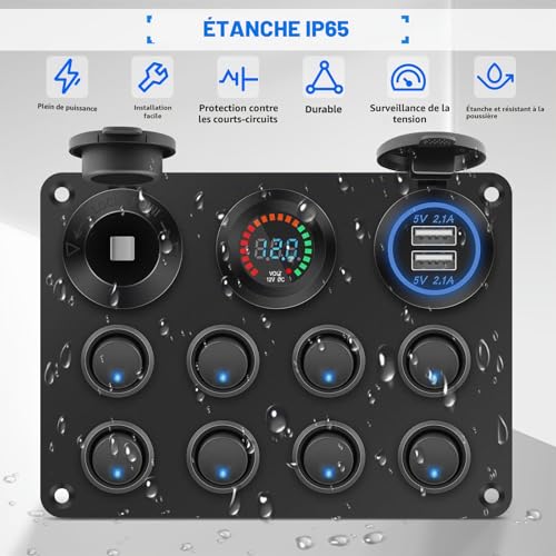 Panneau d'interrupteurs 12V Geloo étanche à 8 bascules et double USB