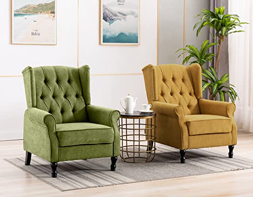 Artechworks Winged Fabric Modern Accent Chair Tufted Arm Club Chair Linen Single Sofa With Wooden Legs Comfy Upholstered For Reading Living Room Bedroom Office, Green #TOP3