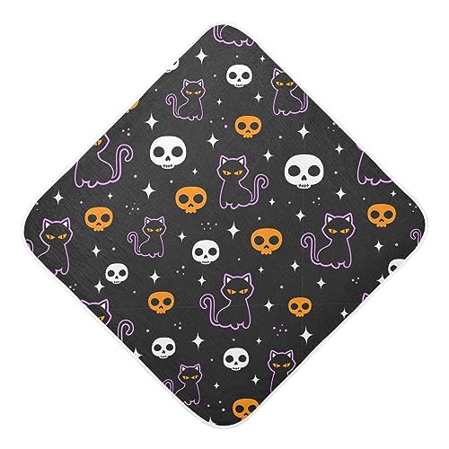 Image of Pigsaly Halloween Skulls Black Cat Hooded Baby Towel Orange Skull Baby Bath Towel Unisex Toddlers Hooded Towels Cotton Boy Washcloths Girl Shower Towel for Infant Newborn 30 X 30 in