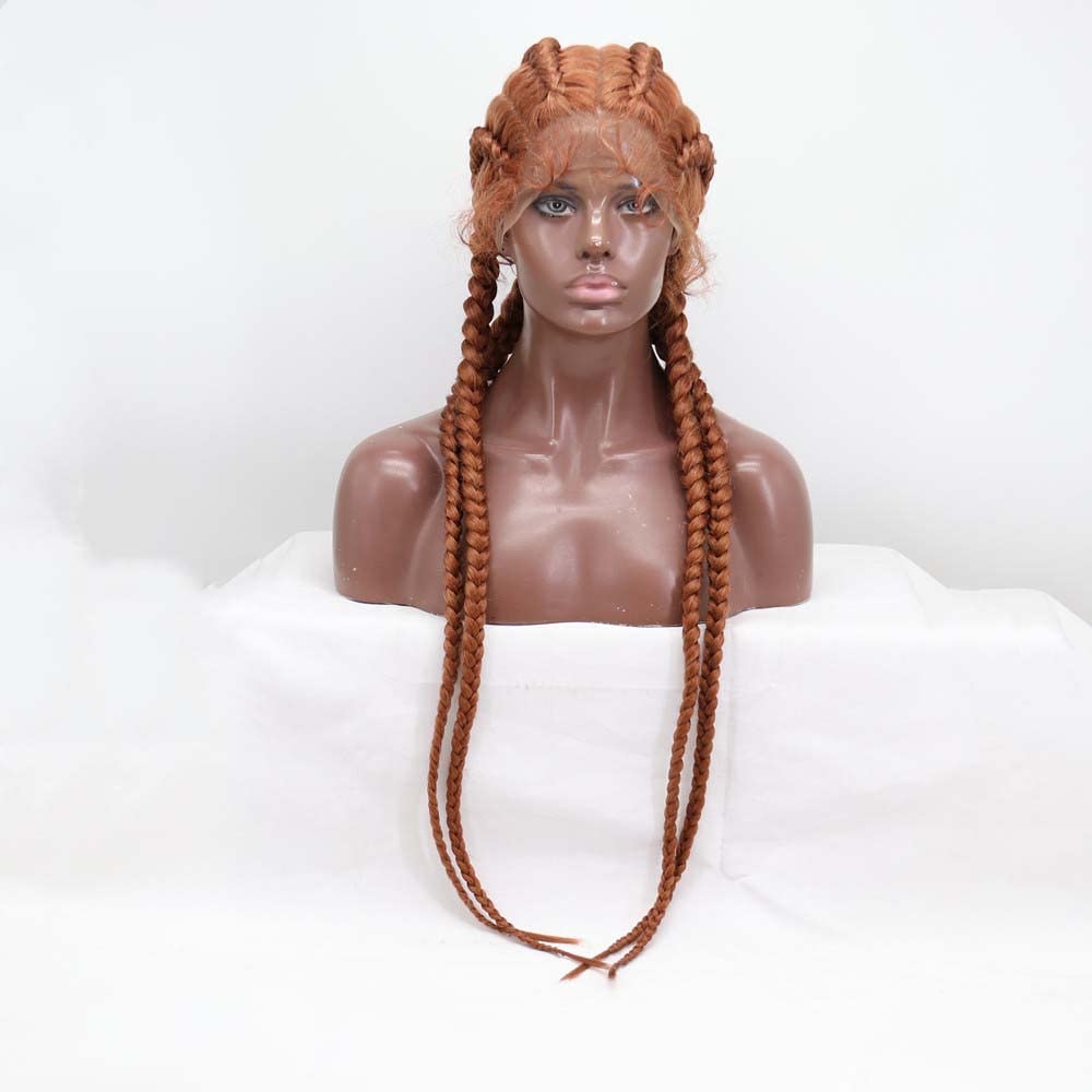 Melody Caramel Braid Synthetic Copper Red Lace Front 36" Plait Long 4Box Braiding Hair 360Lace Wig With Baby Hair HandMade Braid Wigs