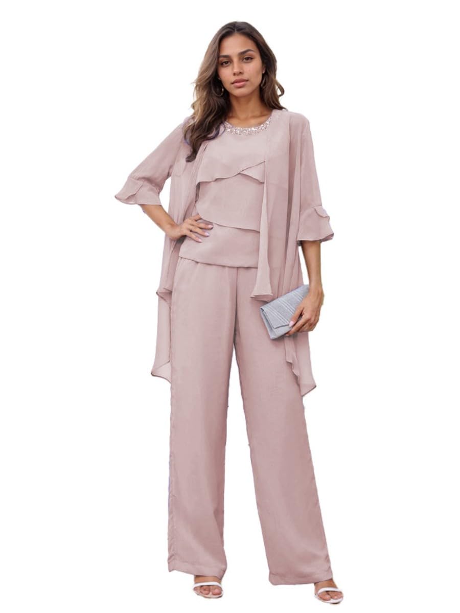 Mother of The Bride Pant Suits 3 Pieces Chiffon Outfit Sets Wedding Formal Outfit Set Evening Gown Women Dusty Pink 22