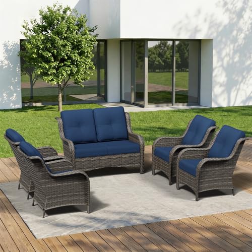 Image of 5 Piece Outdoor Wicker Patio Furniture Set, Patio Chairs Set with Thickened Olefin Cushions, High Back and Deep Seating, Hand-Woven PE Rattan for Porch, Deck