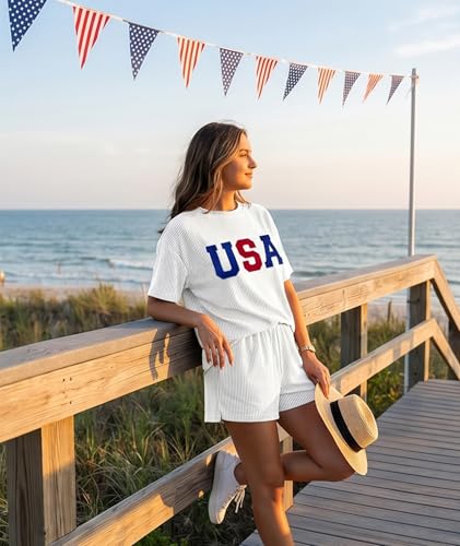Image of MARZXIN Women 2 Piece Shorts Set 2026 Casual Summer Cruise Outfits Ribbed Loose Short Sleeve Pocket Matching Lounge Sets