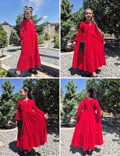 Image of Arshiner Girls Maxi Dresses Lantern Long Sleeve Casual Holiday Dress with Pockets for 5-14 Y