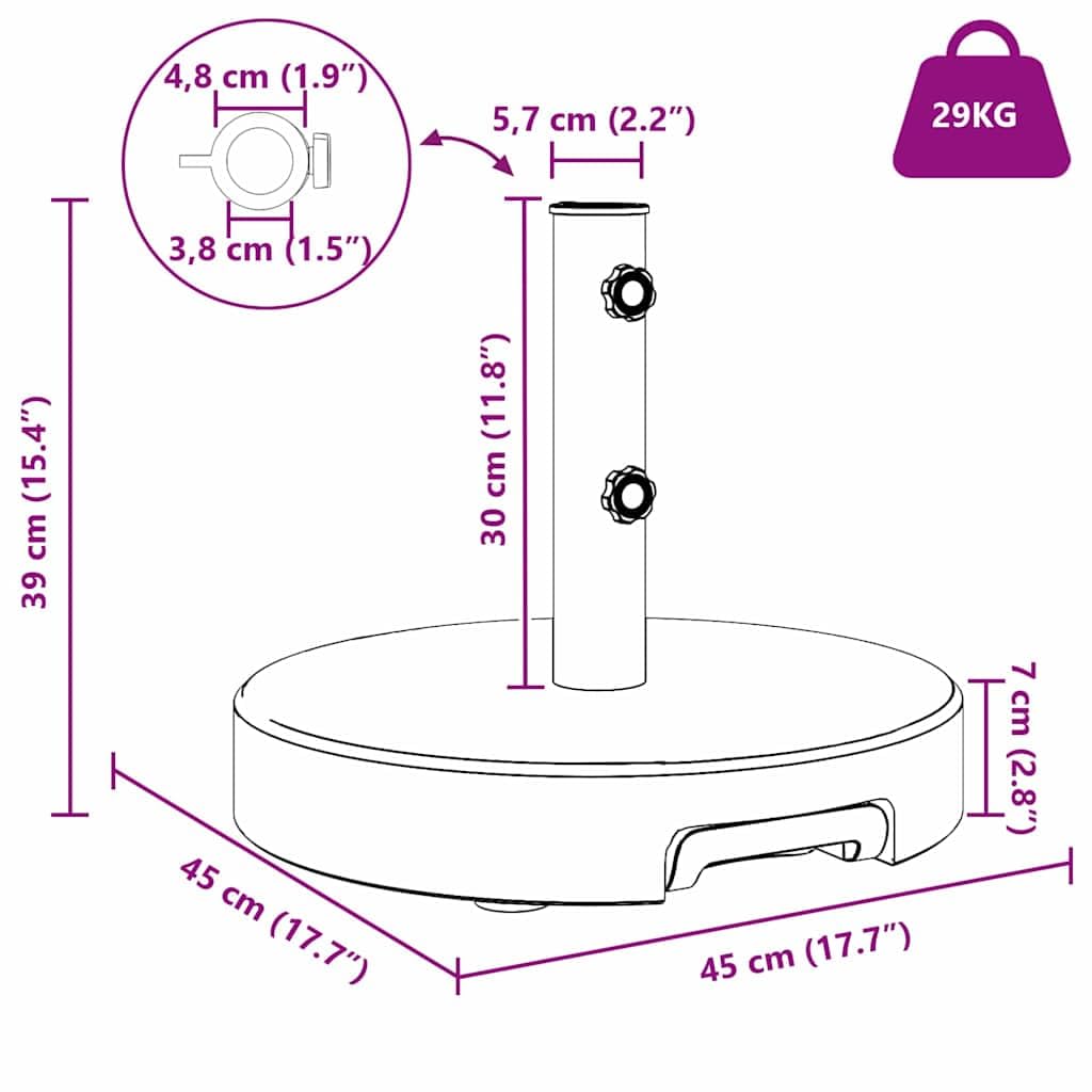 Supporto per ombrellone grigio, diametro 45 x 37,5 cm, in granito con acciaio inox, peso 29 kg, ruote orientabili, base stabile, per balcone, terrazza, giardino, cortile, spiaggia