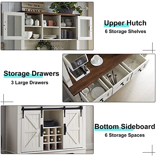 Okd Farmhouse Bar Cabinet, Kitchen Storage Cabinet W/Sliding Barn Door, Wine And Glass Rack, Drawers, Adjustable Shelves, Sideboard Buffet With Hutch Pantry Cupboard For Dining Room, Antique White #TOP4
