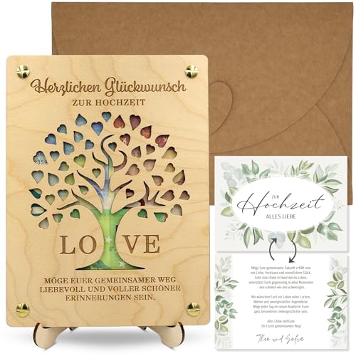 ZUKLA Geldgeschenk Verpackung Hochzeit mit Ständer, Glückwunschkarte und Umschlag 20x15 cm - Holz Hochzeitskarte - Hochzeitsgeschenk für das...