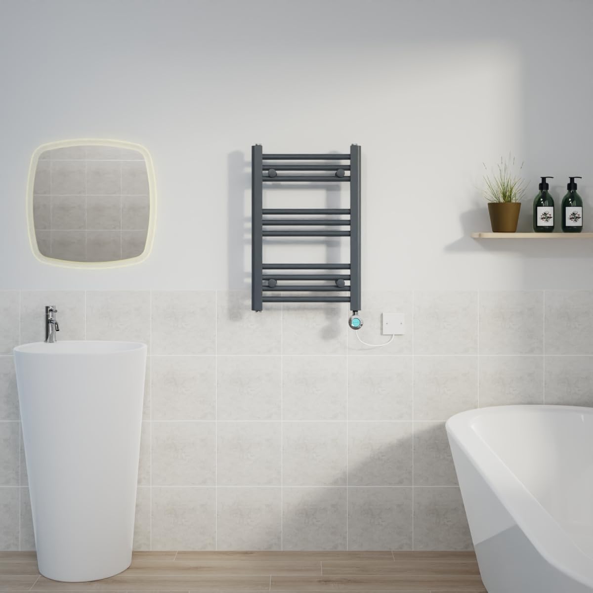 Warmehaus Anthracite&Chrome Prefilled 600X400mm Straight Electric Heated Towel Rail With Timer Thermostatic Bathroom Radiator Anthracite - 200W(Chrome Heating Element)