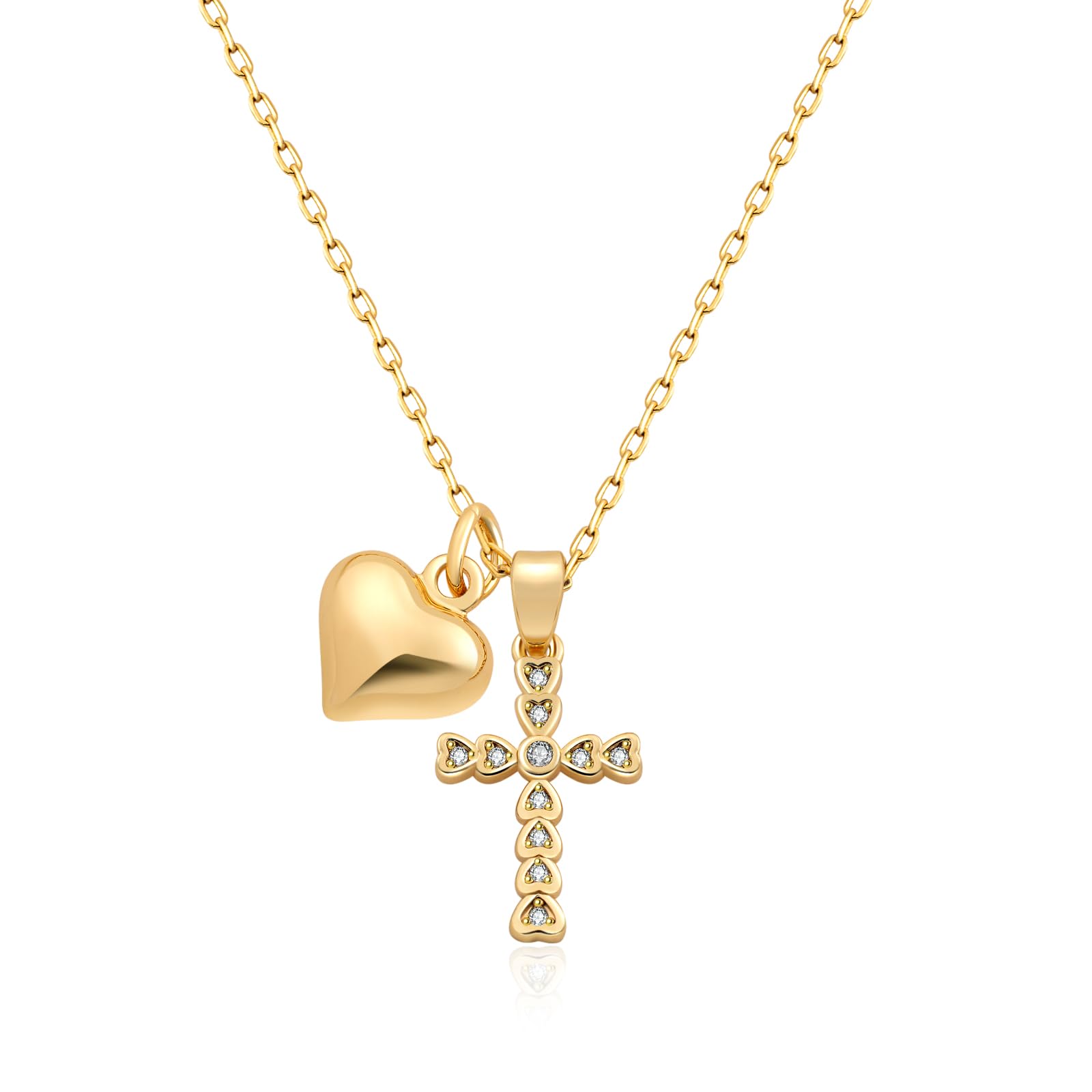 BOFOHX Cross Necklace 14K Gold Plated Heart Pendant Necklace Dainty Diamond Cross Charm Link Chain Choker Delicate Faith Jewelry Religious Gifts for