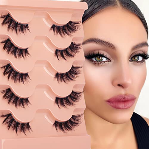 Half Lashes Natural Look Cat Eye False Eyelashes Wispy 3D Faux Mink Lashes Clear Band Fluffy Strip...