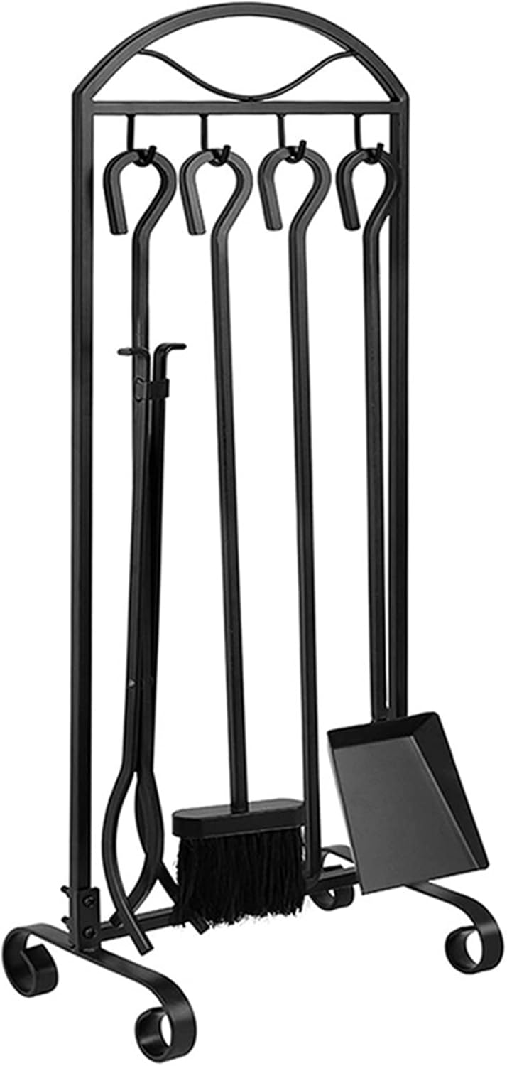 Hand Forged Iron 5 Piece Fireplace Tools Set in Black Finish Comfortable Handles Fire Pit Hearth Accessories